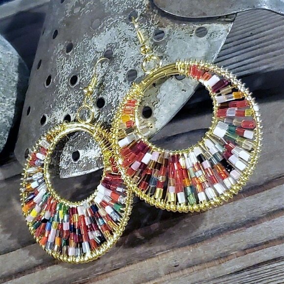 Beaded Red Multi Tiny Glass Beads Gogo Gold Tone Hoop Earrings - Picture 6 of 8